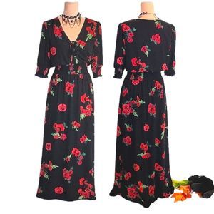 EXPRESS Black Red Floral Quarter Sleeve Lace Up Maxi Dress MED